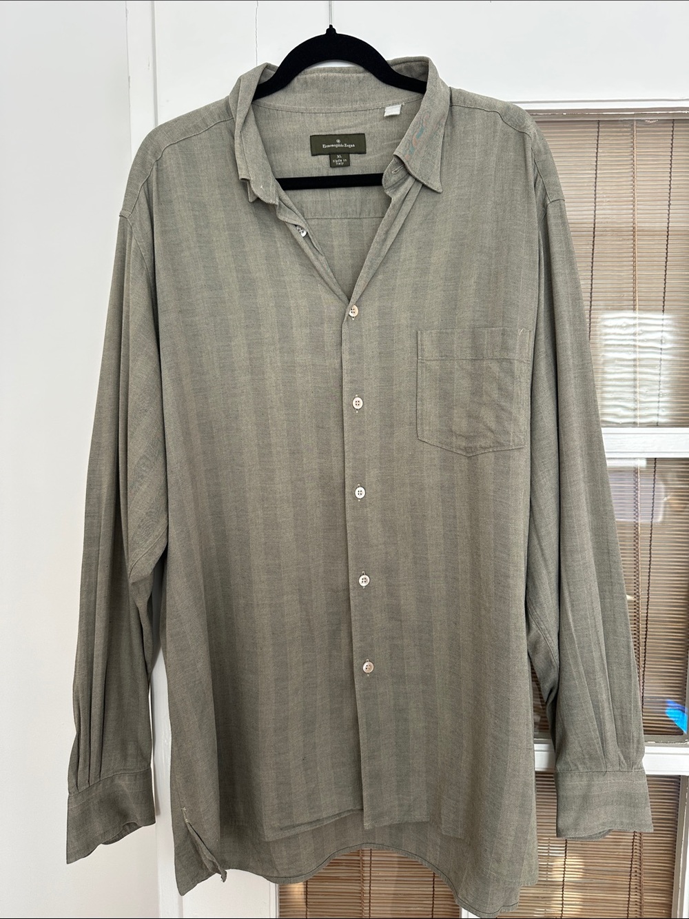 ermenegildo zegna Men's Button-Down Shirt in Olive Green stripe XL made in Italy